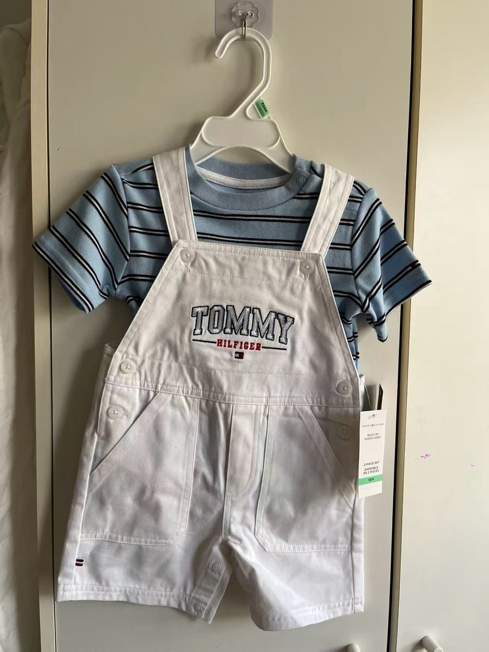 Tommy Hilfiger White Overalls with Light Blue Striped Tee